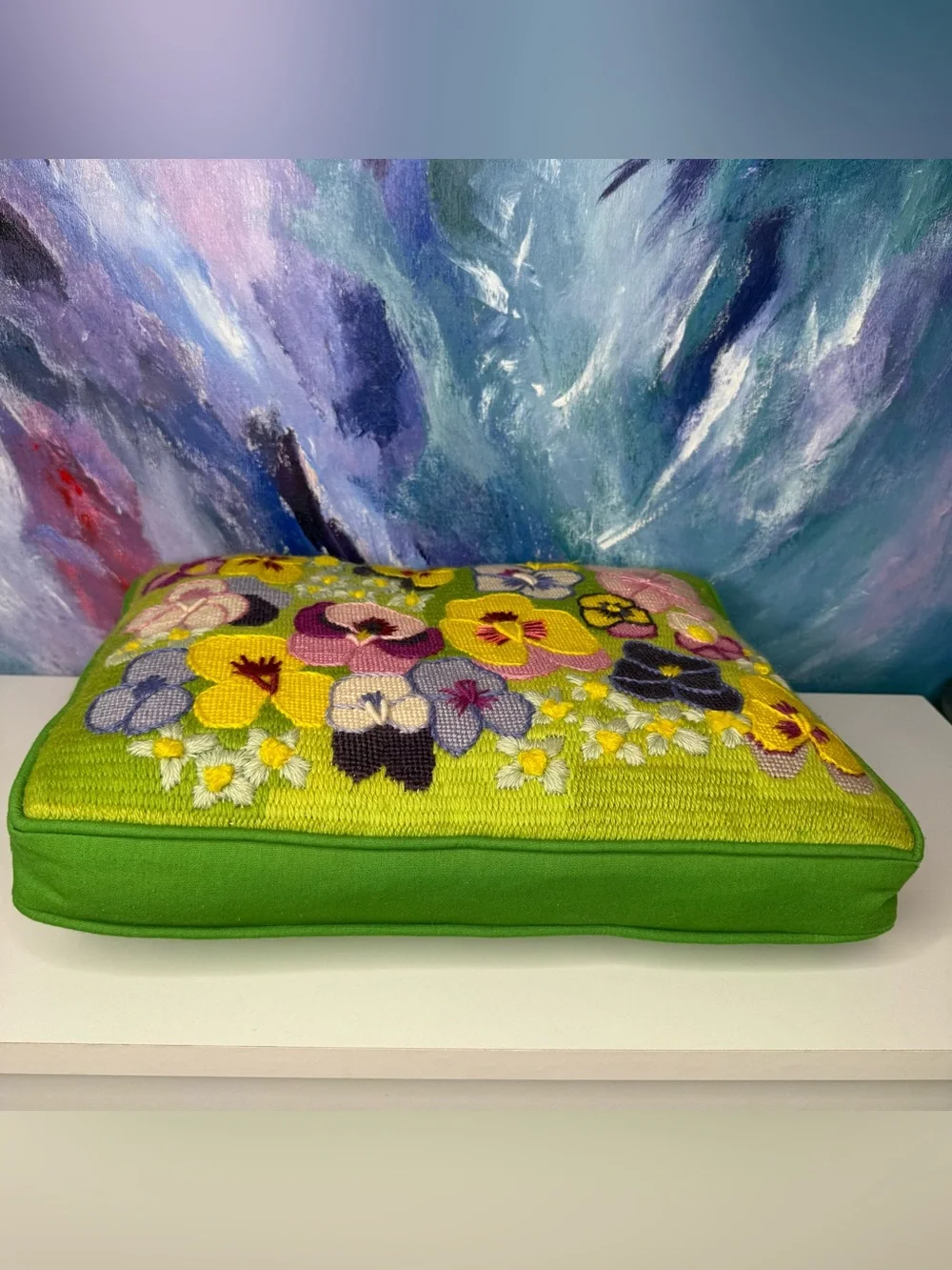 Pansy Flower Crewel Point Pillow Columbia Minerva Completed Vintage Embroidery